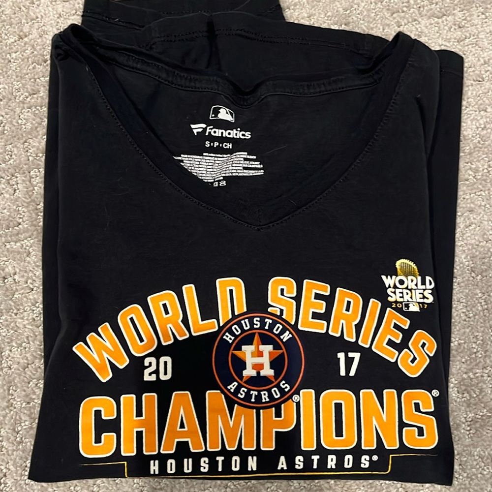 Houston Astros World Champions Ladies V-neck tshirt l, navy blue & orange